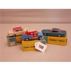 Three boxed Corgi toy cars No 234 Ford Consul, No 240 Fiat, No 241 Ghia L64…