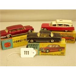 Three boxed Corgi cars No 230 Mercedes No 247 Mercedes, No 437 Cadillac Ambulance…