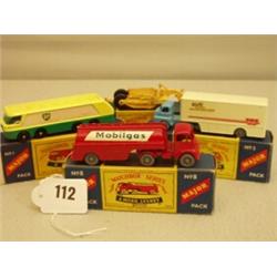 Four boxed Matchbox Major cars, No 1 Earth Scraper, No 1 BP Tanker, No 2 Ice Cream Truck and No 8…