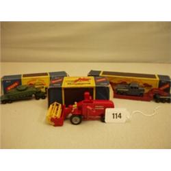 Three boxed Matchbox Major cars, No 3 Tank Transporter, No 5 Combine Harvester and No 6 Pickfords…