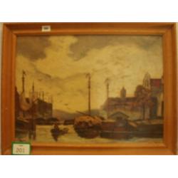 Framed oil on canvas, signed J. Marriott, of dockland scene…