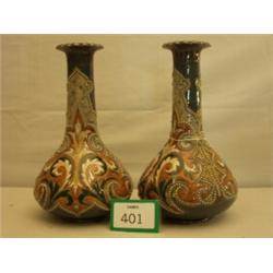 Pair Doulton Lambeth Eliza Simmance vases 12" high, decorated with foliate scrolls on blue green …