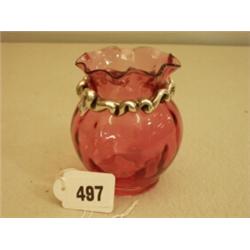 Cranberry glass vase with Birmingham hallmarked silver collar…