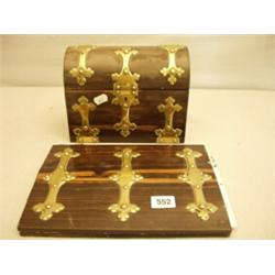 Silk lined dome topped stationery box with decorative brass banding plus similar book cover…