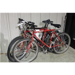 3 BIKES - 2 RED RALEIGH MOUNTAIN BIKES, BLACK NO NAME FRONT SUSPENSION MOUNTAIN BIKE