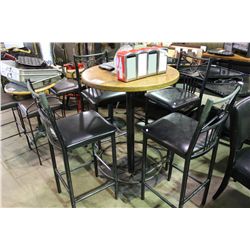 BLACK METAL AND WOOD BAR HEIGHT CAFE TABLE AND 4 CHAIRS