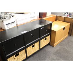 BLACK STORAGE CABINET W/ MISC. FURNITURE ITEMS