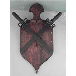 VINTAGE DOUBLE CROSSED MEDIEVAL SWORDS ON A WOOD SHIELD