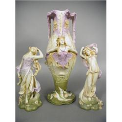 A Rudolstadt Volkstedt Art Nouveau porcelain garniture, modelled as long haired maidens, factory...