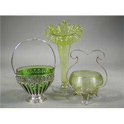 A Victorian vaseline glass jack in pulpit vase, and two silver plated green glass lined bon bon d...