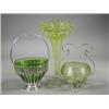 Image 1 : A Victorian vaseline glass jack in pulpit vase, and two silver plated green glass lined bon bon d...