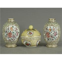 A Meissen pot and cover, decorated with floral sprays to the inside also, and a pair of French va...
