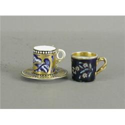 A miniature early 19th century coffee can, probably by Mason, 3cm high, and a miniature Coalport...