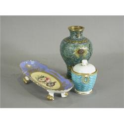 A 19th century porcelain pen tray, 21.5cm long; a 19th century Copeland lidded basket (with damag...