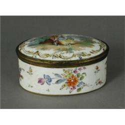 A 19th century continental porcelain dressing table box decorated with a courting couple and flor...