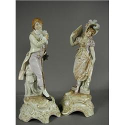 A pair of Plaue porcelain figures of an 18th century lady and gentleman, (the gentlemans cane dam...