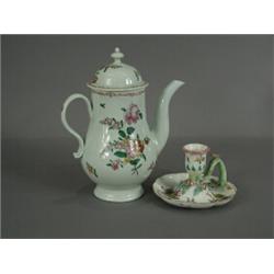An 18th century porcelain coffee pot and cover, possibly Liverpool, and an 18th century porcelain...