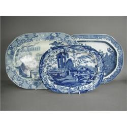A Victorian blue and white rectangular meat plate decorated with pagodas and trees, possibly by S...