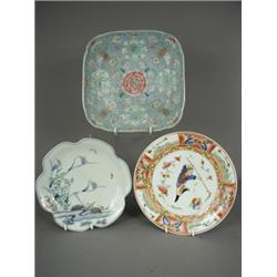 An Arita shaped dish, a famille rose blue and pink decorated plate, together with an oriental dis...