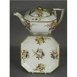 A Spode octagonal teapot on a stand, with moulded decoration, painted with floral sprays and gilt...