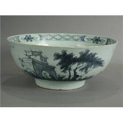 An 18th century Delft blue and white bowl painted with two figures in an Italianate landscape, (c...