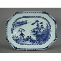A late 18th century Chinese blue and white rectangular plate, with chamfered edges, 27 x 36cm Est...
