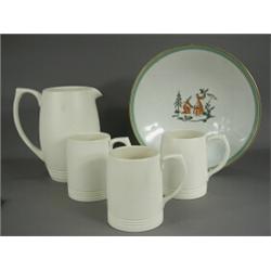 A Wedgwood water jug and three tankards designed by Kieth Murray, jug 21cm high, and a Royal Cope...