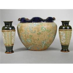 A pair of Royal Doulton Slaters Patent stoneware vases, impressed marks, numbered 'X6589, and a D...