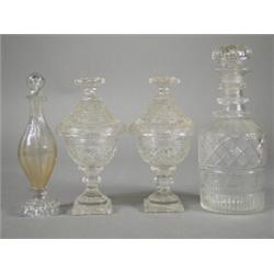 A pair of 19th century cut glass lidded bon bon dishes, a George III cut glass decanter and a 19t...