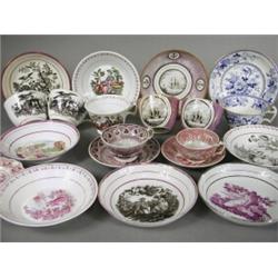 Eighteen pieces of early-mid 19th century printed tea wares including two child size cups and sau...