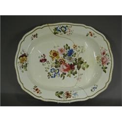 An English meat plate, possibly Derby with floral sprays, (hairline stapled crack), 52 x 43cm Est...