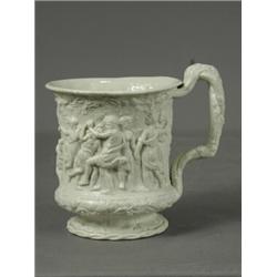 A Hicks & Meigh white moulded mug, with a Bacchanalian frieze, printed underside with 'Arts and C...
