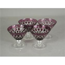 Fifteen Stephens & Williams amethyst coloured cut champagne glasses, etched marks Est. 75/100...