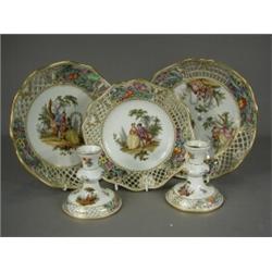 Nine pieces of Helena Wolfsohn dessertware, decorated in polychrome with courting couples, blue c...