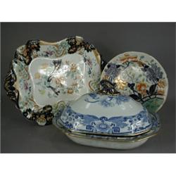 Six pieces of 19th century Masons Patent Ironstone blue and white dinnerware, a Masons Imari patt...