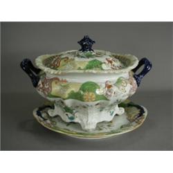 A large 19th century Masons Patent Ironstone soup tureen lid and stand, with floral decoration he...