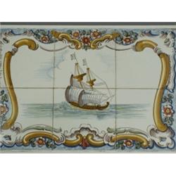 A 19th century polychrome six tile picture of a sailing galleon, 30 x 44cm Est. 80/120...