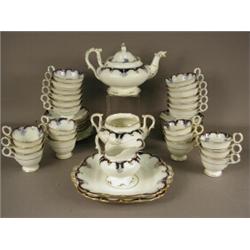 A 19th century Davenport porcelain tea service, decorated in blue and gilt, comprising: A teapot...