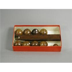 A boxed set of table bowls comprising eight hardwood bowls, a jack, a slope and a cardboard box E...