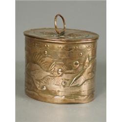 A Newlyn oval copper box decorated with fish and shells (stamped to base and lid), 13cm Est. 300/...