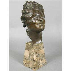 An early 20th century bronze 'Blind Mans Buff', modelled as a female bust blindfolded by a scarf,...