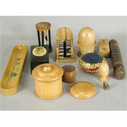 Sixteen pieces of treen including: A pomander, a novelty vesta and a boxwood thread spool Est. 70...