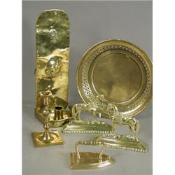 Six brass items including a wall light and a pair of chimney ornaments Est. 80/120...