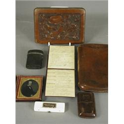 A George III ivory toothpick box and six leather items including vesta, aide memoire and cigar ca...