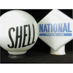 Two glass petrol pump tops: A Shell Globe, 42cm diameter (tiny base chips) and 'National Premium'...