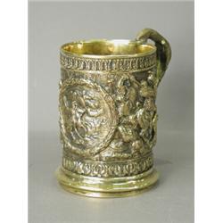 A 19th century electro type tankard, with battle scenes and a branch and vine handle, 14cm high E...