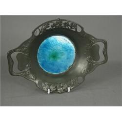 An Art Nouveau English pewter two handled dish, with a blue enamel base stamped 0287 Est. 150/200...