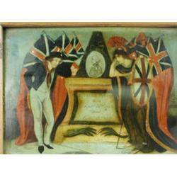 A reverse painted print on glass commemorating Lord Nelson. The memorial reading 'AD. Lord Nelson...