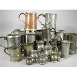 Nineteen 19th and 20th century pewter tankards, sized including quarts, half pints, gill, half an...