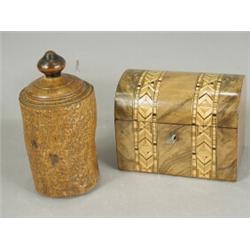 A Victorian walnut dome top tea caddy with banded inlaid decoration and a burr wood tobacco jar,...